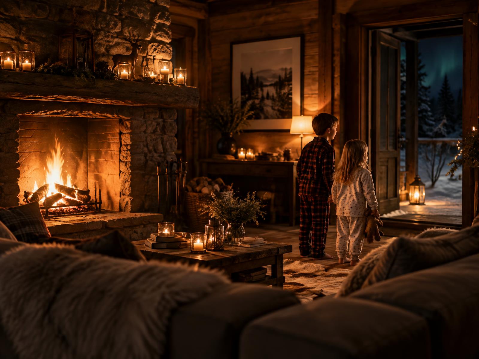 Children in a warm Lapland cabin looking towards the door