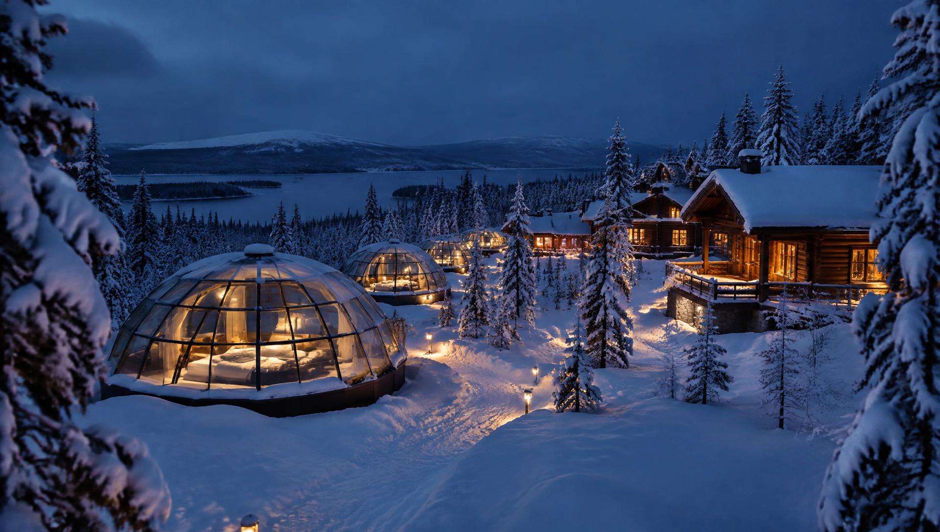 Luxury Arctic resort with glass igloos and log villas in the snow